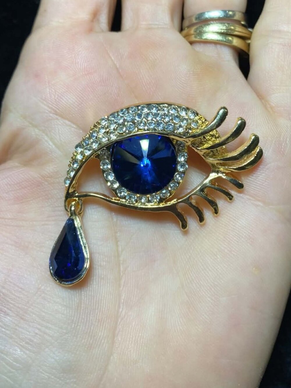 Crying Eye Brooch Goldtone Clear Rhinestone Blue Round Tear Crystals Art Deco - Picture 2 of 4